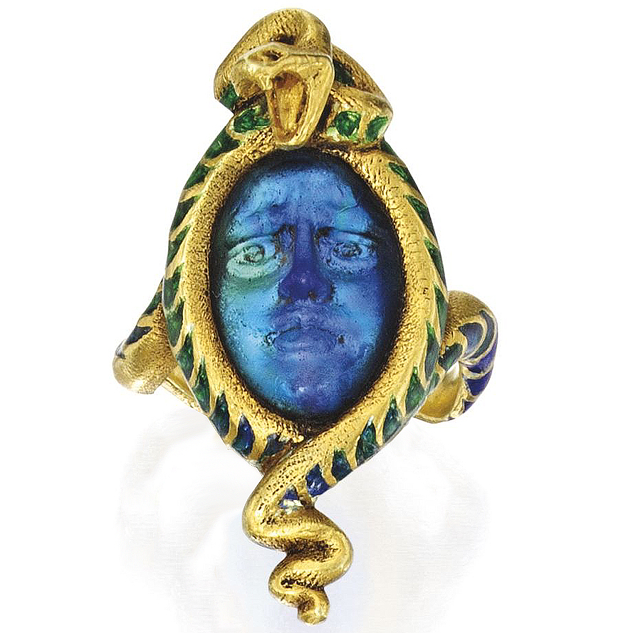 lot-151-18k-gold-molded-glass-and-enamel-ring-by-rene-lalique